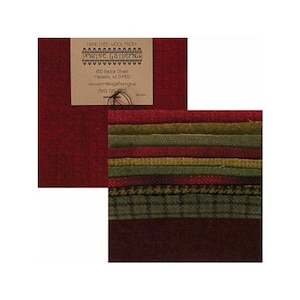 May include: A set of hand-dyed wool fabric scraps in shades of red, green and brown. The fabric scraps are arranged in a stack and are labelled "Hand-Dyed Wool from Positive Gatherings".