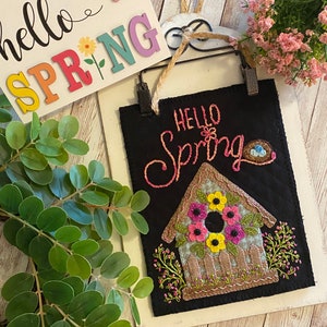 BIRD HOUSE series Hello Spring -- KIT and pattern -- #2 February for March Wool Applique  - Weeks Pearl cotton floss Peony