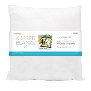 May include: A white pillow insert, 8x8 inches, with a label that reads "Kimber Blanks Pillow Insert." The label includes a small image of a decorative pillow with a citrus design. The insert is designed to be used with square pillow covers.