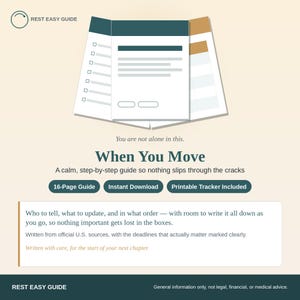 Op de afbeelding: Een digitale gids getiteld REST EASY GUIDE When You Move, met een document van 16 pagina's inclusief een checklist en een printbare tracker. De tekst bevat: You are not alone in this. A calm, step-by-step guide so nothing slips through the cracks.