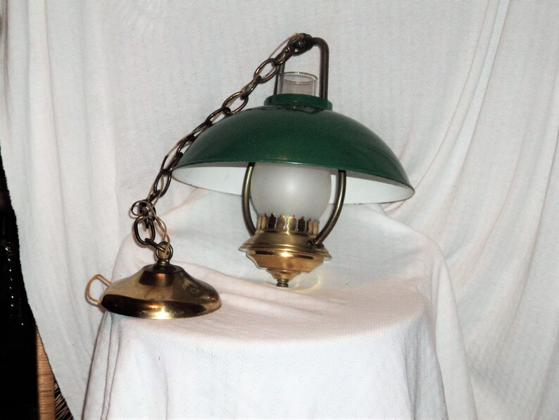 Vintage Western Oil Lamp Style Green Brass Hanging Accent Light With Frosted Glass Shroud - Vintage Brass Hanging Oil Lamp Vintage Western Oil Lamp Style Green Brass Hanging Accent Light With Frosted Glass Shroud - Vintage Brass Hanging Oil Lamp