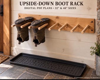 May include: A wall-mounted wooden boot rack with horizontal pegs for hanging footwear upside down. The text reads: UPSIDE-DOWN BOOT RACK DIGITAL PDF PLANS 32" & 48" SIZES. A pair of olive green boots hangs on the rack above a black rectangular drip tray.