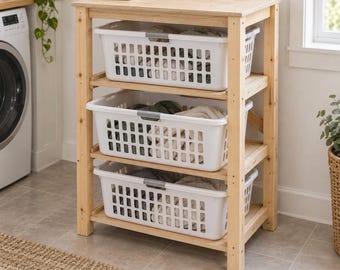 Laundry Basket Organizer Plans PDF | DIY 3 Tier Wooden Laundry Sorter with Folding Top | Mountain Made Plans