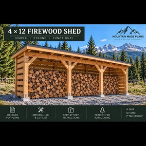 Può includere: Una tettoia in legno per legna da ardere di 1,22 m di profondità, 3,66 m di lunghezza e 2,13 m di altezza frontale. La struttura ha un tetto spiovente, fronte aperto e lati a doghe, riempita di tronchi. Testo: 4 x 12 FIREWOOD SHED e MOUNTAIN MADE PLANS.