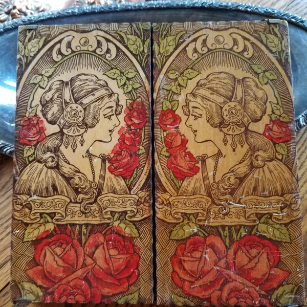 Antique Arts Crafts Gothic Flemish Art Pyrography Wood Handerchief Box with Hankies