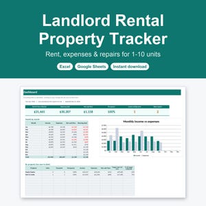 May include: A digital Landlord Rental Property Tracker spreadsheet for 1-10 units, compatible with Excel and Google Sheets. The dashboard displays financial data, including rent, expenses, repairs, net cash flow, and a monthly income vs expenses bar chart.