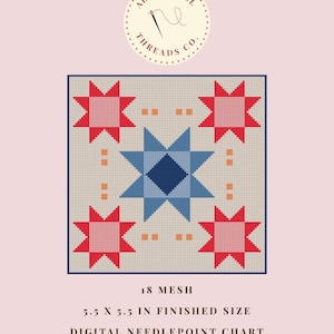 May include: A digital needlepoint chart by Alyssa Gail Threads Co. featuring a square pattern with four red stars in the corners and one large blue star in the centre on a light background. Text reads 18 MESH, 5.5 X 5.5 IN FINISHED SIZE.