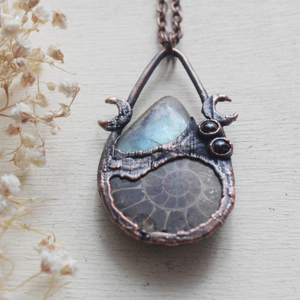 Ammonite and Labradorite Pendant | Electroformed Ammonite Necklace | Witchy Statement Pendant | Earthy Jewelry Gift for Women