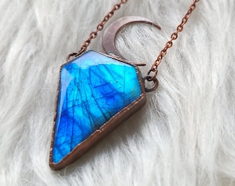 Blue Labradorite Pendant with Copper Crescent Moon