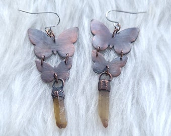 Copper Butterfly Earrings with Raw Citrine Crystals