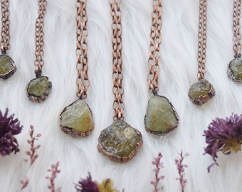 Raw Green Garnet Electroformed Necklace, Raw Garnet Crystal Jewelry