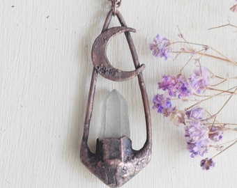 Raw Quartz Crystal Pendant with Crescent Moon | Electroformed Copper Necklace | Wanderlust Jewelry