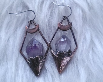 Amethyst Crystal Earrings with Crescent Moons in Electroformed Copper with Surgical Steel Hooks