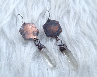 Copper Hexagon and Quartz Crystal Point Earrings with Surgical Steel Hooks