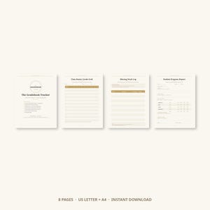 Op de afbeelding: Een set van vier printbare cijferlijstpagina's op een lichte achtergrond. De pagina's bevatten een titelpagina, een cijferrooster, een logboek voor ontbrekend werk en een voortgangsrapport, allemaal met donkerbruine tekst en accenten.