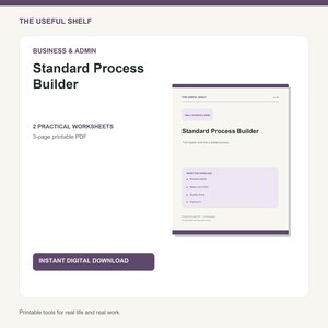 May include: A digital product listing for The Useful Shelf Standard Process Builder, featuring two practical worksheets in a three-page printable PDF format. The document includes sections for process basics, steps one to five, quality checks, and improvement.