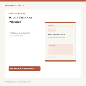 以下が含まれることがあります： The Useful Shelfによるデジタル音楽リリースプランナー。3ページの印刷可能なPDF形式で、2つの実用的なワークシートが含まれています。リリース基本情報、アセット、プロモーション、チームチェックのセクションが整理されたレイアウトで構成されています。