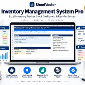 Op de afbeelding: Een digitale weergave van het SheetVector Inventory Management System Pro voor Excel, met een centrale spreadsheetinterface en zijpanelen voor voorraadbeheer, verkoopgegevens, dashboardoverzichten en een bestelcentrum.