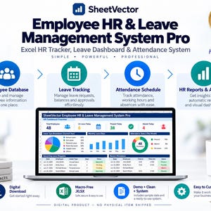 May include: A digital SheetVector Employee HR & Leave Management System Pro dashboard displayed on a laptop screen. The interface features sections for employee database, leave tracking, attendance schedules, and HR reports with colourful charts.