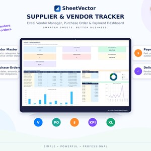 May include: A digital dashboard titled SheetVector Supplier & Vendor Tracker, an Excel template for managing purchase orders and payments. The interface displays data tables, bar charts, and pie charts for vendor analysis, payment control, and delivery insights.