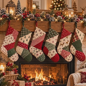 May include: Six quilted Christmas stockings hanging in a row from a wooden mantel. Each stocking features a patchwork design in red, green, and cream, with patterns including plaid, gingham, snowflakes, pine trees, and reindeer motifs.