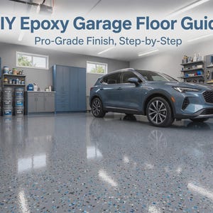 Peut inclure: Un intérieur de garage avec un sol en époxy gris brillant parsemé de taches bleues et noires. Un SUV bleu est garé à l'intérieur. Des armoires bleues, des étagères et des outils muraux sont visibles. Texte : DIY Epoxy Garage Floor Guide Pro-Grade Finish, Step-by-Step.
