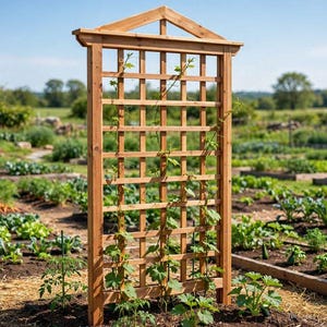 Op de afbeelding: Een hoog, rechthoekig houten tuinrek met een puntige boog aan de bovenzijde. De structuur heeft een rasterpatroon van kruisende latten van lichtbruin hout, met groene klimplanten die verticaal langs het frame omhoog groeien.