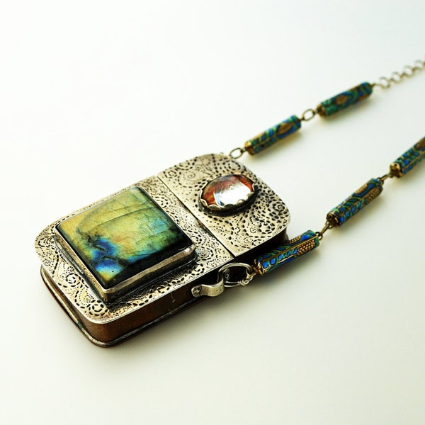 Silver, Copper, Labradorite, Quartz Crystal and Cloisenne Bead Locket Choker Statement Necklace