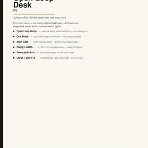Può includere: Un manuale digitale bianco intitolato RC Reset Clarity Open Loop Desk Kit. Il testo descrive un protocollo per i cicli aperti e il lavoro profondo legato all'ADHD, elencando passaggi come Open Loop dump, One Block, Start Gate e altri ancora.