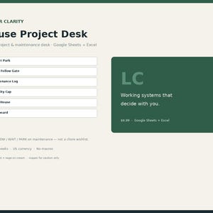 House Project Desk | Home Maintenance Tracker with Maint Follow Gate (Google Sheets + Excel) | Ledger Clarity