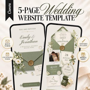 May include: A 5-page wedding website template displayed on two smartphone screens. The design features sage green envelopes, white floral accents, gold wax seals, and text including Emily & Jonathan, 28 August 2027, and Our Love Story.