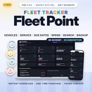 Könnte beinhalten: Fleet Point Flotten-Tracker-Software auf einem Laptop- und Smartphone-Bildschirm. Die Benutzeroberfläche im Dunkelmodus zeigt Fahrzeugwartungsdaten, Wartungspläne und Ausgabentrends. Funktionen umfassen kein Konto, kein Abonnement.