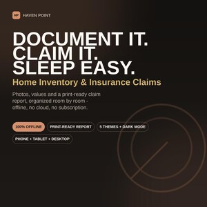 Pode incluir: Um gráfico digital castanho escuro para o software de inventário doméstico Haven Point. O texto diz: DOCUMENT IT. CLAIM IT. SLEEP EASY. Home Inventory & Insurance Claims. Inclui 100% offline, relatórios prontos a imprimir e modo escuro.