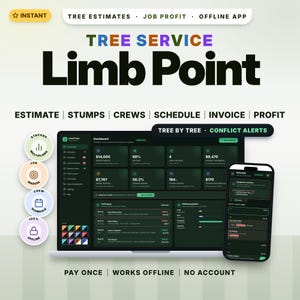 Może przedstawiać: Cyfrowy interfejs oprogramowania Tree Service Limb Point wyświetlany na laptopie i smartfonie. Pulpit nawigacyjny pokazuje dane finansowe, harmonogramy pracy i narzędzia do zarządzania. Tekst zawiera Tree Estimates, Job Profit i Offline App.