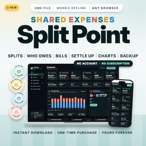 Op de afbeelding: Een digitale software voor het bijhouden van uitgaven genaamd Split Point, weergegeven op een laptop en smartphone. Het dashboard bevat grafieken, factuuroverzichten en financiële gegevens. Tekst bevat: NEW, ONE FILE, WORKS OFFLINE, ANY BROWSER, NO ACCOUNT, NO SUBSCRIPTION, INSTANT DOWNLOAD, ONE-TIME PURCHASE, YOURS FOREVER.