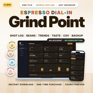 Espresso-inställningslogg, espressologg, bryggförhållandeberäknare, kaffebrygglogg | Offline-app, ingen prenumeration | Malningspunkt