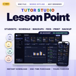 May include: Tutor Studio Lesson Point software interface displayed on a laptop and smartphone screen. The dashboard shows student metrics, schedules, and financial data in a dark mode layout with text labels for students, schedule, makeups, fees, print, and backup.