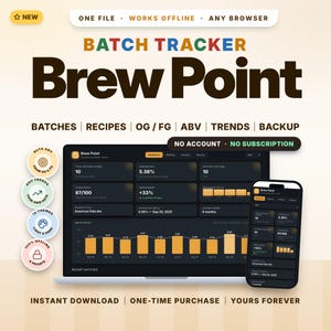 May include: A digital Brew Point batch tracker software interface displayed on a laptop and smartphone screen. The dashboard features dark mode analytics, including total batches, average ABV, and trends. Text includes "NEW", "ONE FILE", "WORKS OFFLINE", "ANY BROWSER", "NO ACCOUNT", "NO SUBSCRIPTION", "INSTANT DOWNLOAD", "ONE-TIME PURCHASE", and "YOURS FOREVER".