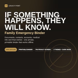 May include: A dark-themed digital graphic for a Family Emergency Binder by Legacy Point. The text reads: IF SOMETHING HAPPENS, THEY WILL KNOW. Features include 100% OFFLINE, PRINTABLE BINDER, PIN PRIVACY SCREEN, and 5 THEMES + DARK MODE.