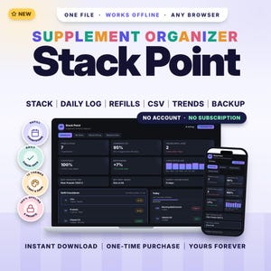May include: A digital supplement organizer software titled Stack Point displayed on a laptop and smartphone screen. The interface features dark mode dashboards with metrics for daily logs, refill countdowns, and trends. Text includes NO ACCOUNT, NO SUBSCRIPTION, ONE FILE, WORKS OFFLINE, ANY BROWSER, INSTANT DOWNLOAD, ONE-TIME PURCHASE, and YOURS FOREVER.