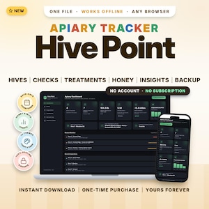 Puede incluir: Software Apiary Tracker Hive Point mostrado en una pantalla de portátil y smartphone. El panel muestra datos de colmenas, controles, tratamientos, miel y análisis. El texto incluye: One File, Works Offline, Any Browser, No Account, No Subscription.