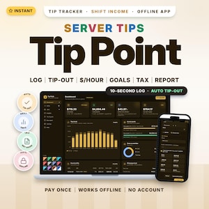 May include: A digital interface for the Tip Point server tips app displayed on a laptop and smartphone. The screen shows a dashboard with income data, tip trends, and financial goals. Text includes "Tip Point," "Log," "Tip-Out," "$/Hour," "Goals," "Tax," and "Report."
