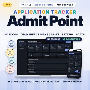 May include: A digital application tracker titled Admit Point displayed on a laptop and smartphone screen. The interface features dark mode dashboards for schools, deadlines, essays, tasks, letters, and stats. Text includes One File, Works Offline, Any Browser, No Account, No Subscription, Instant Download, One-Time Purchase, and Yours Forever.