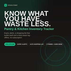 Stock Point Pantry Tracker – Utgångsdatumaviseringar, automatisk inköpslista (digital nedladdning)