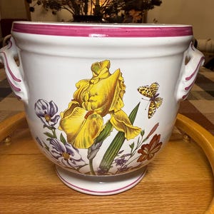 Könnte beinhalten: Ein weißer Keramikübertopf mit handgemaltem Motiv einer großen gelben Schwertlilie, kleineren violetten und orangefarbenen Blüten sowie einem Schmetterling. Das Gefäß hat einen breiten Rand mit rosa Umrandung, zwei seitliche Griffe und einen Fuß.
