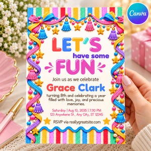 Let's Have Some Fun Birthday Invitation, Colorful Pastel Girl Party Invite, Whimsical Striped Editable Canva Template