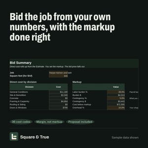 Può includere: Un'interfaccia digitale che mostra un riepilogo dell'offerta per un progetto di costruzione intitolato Harper kitchen and bath. Il layout include una tabella dei costi diretti per divisione, valori di ricarico e il testo Bid the job from your own numbers, with the markup done right.