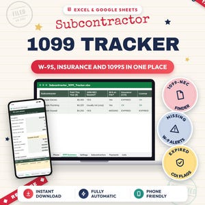 Subcontractor 1099 Tracker with W-9 and Insurance Certificate Log, Excel and Google Sheets