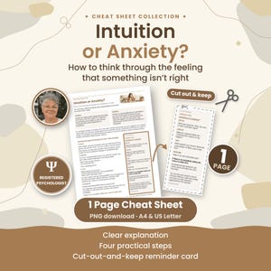 Anxiety vs Intuition, Overthinking Help: One-Page Self Help Cheat Sheet with Cut-Out-and-Keep Reminder Card