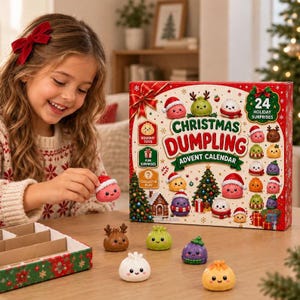 Może przedstawiać: Kalendarz adwentowy Christmas Dumpling z 24 niespodziankami, zawierający kolorowe, uśmiechnięte zabawki typu squishy w kształcie pierożków z świątecznymi dodatkami, takimi jak czapki Mikołaja i rogi renifera, na drewnianej powierzchni.